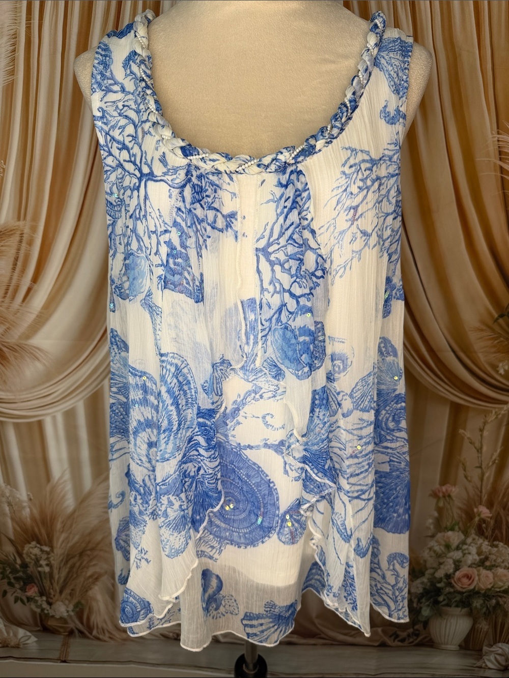 Soft Surroundings Blue and White Shell-Print Sleeveless Braided-Neck Blouse